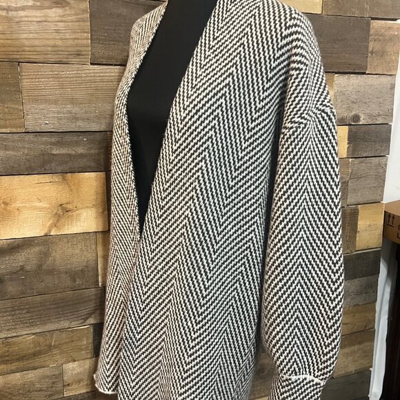 Emery Rose Long Open Cardigan Sweater Duster Brown and White Chevron Medium - Picture 11 of 13